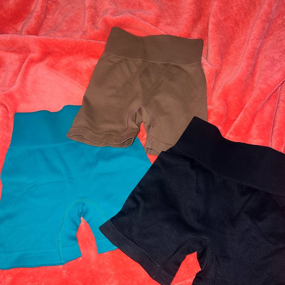 Set of Three Biker Shorts in Brown, Teal, and Black